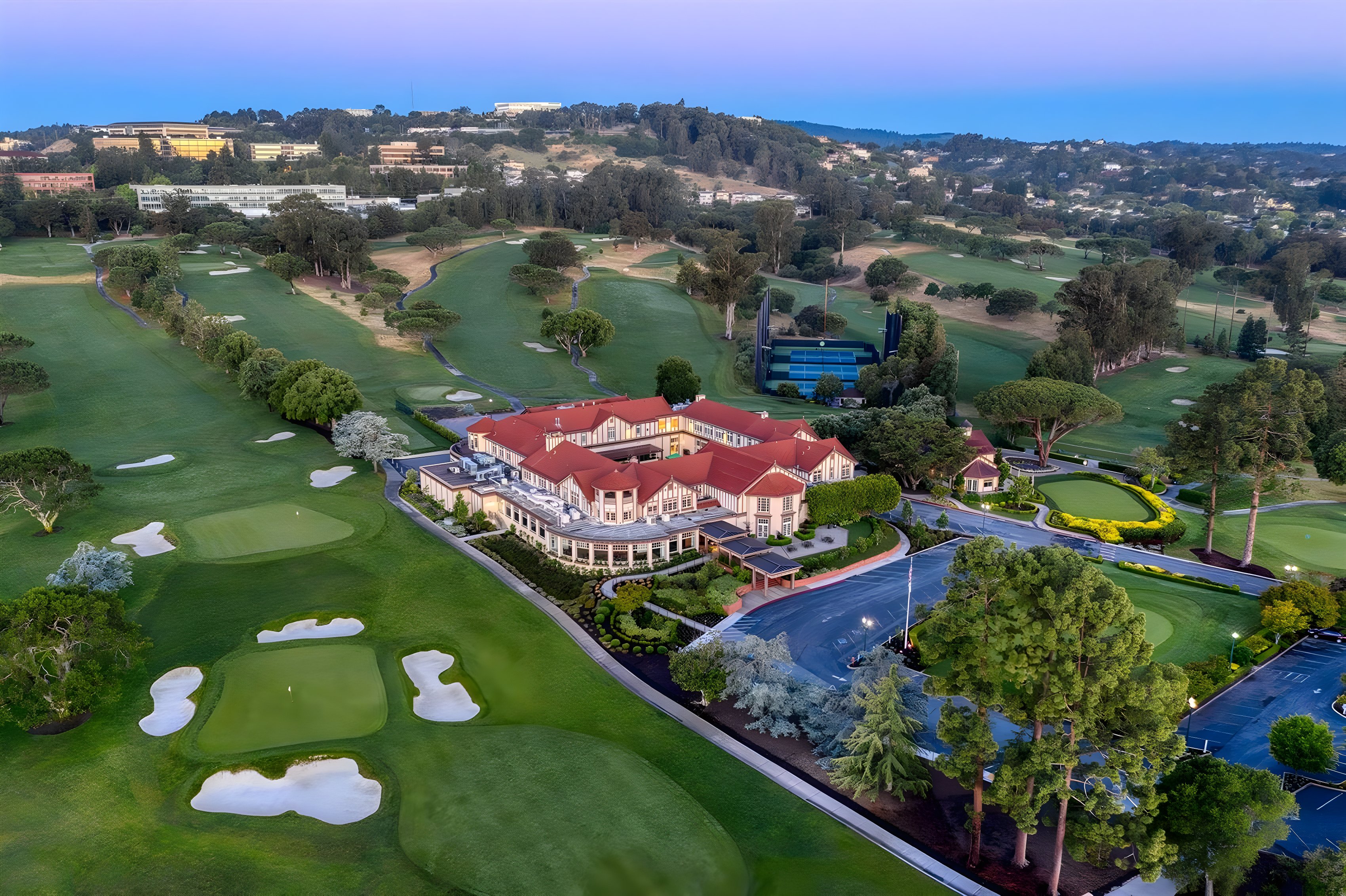 Aerial view of a golf course in the San Mateo hills
